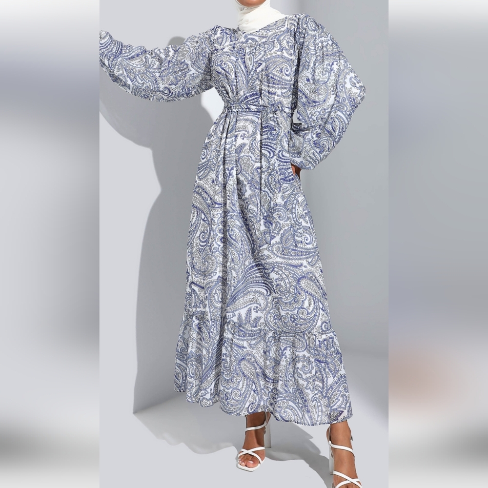 REFKA Size 6  Elegant Blue Paisley Maxi Dress, New.